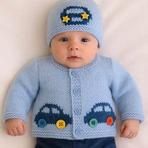 Knitting Pattern for Baby Car Cardigan and Hat 0-18 months, Car Jacket and Hat for Boy or Girl  in DK, PDF Digital Knitting Patterns