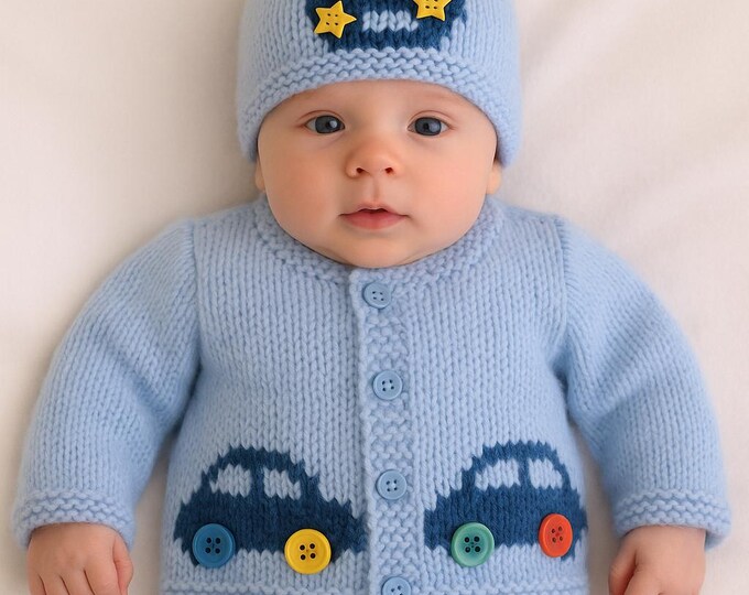 Knitting Pattern for Baby Car Cardigan and Hat 0-18 months, Car Jacket and Hat for Boy or Girl  in DK, PDF Digital Knitting Patterns