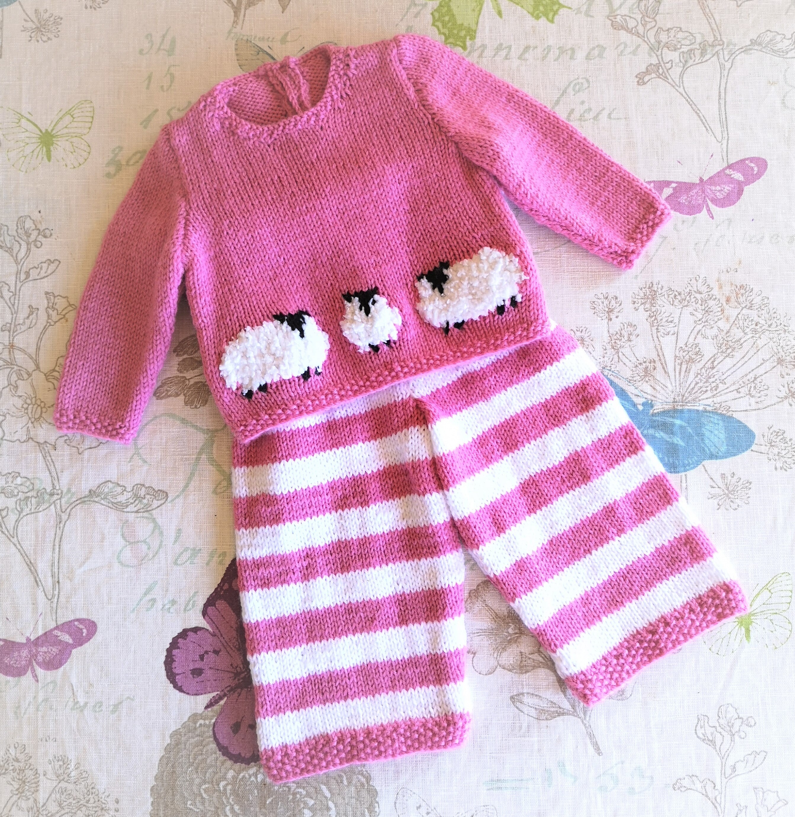 Hand knitted Baby Outfit, Jumper, Hat and Trousers featuring fluffy