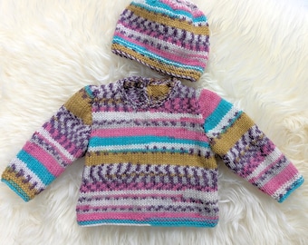 Knitting Pattern for Baby's Easy Fair Isle Sweater and Hat, Yarn creates Fair Isle as you knit. Beginner's Pattern.  Double Knitting, 8 ply