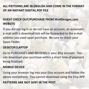 May include: Text on a white background with a blurred image of sheep. The text states that patterns are in English and are instant digital PDF files. Instructions are provided for guest check out, downloading, and mobile device access.