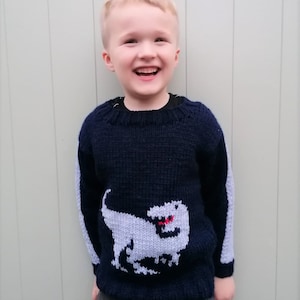 Knitting Pattern for T-Rex Dinosaur Chunky Child&#39;s Sweater 4-11 years, Boy&#39;s Dinosaur Tyrannosaurus Rex Jumper Knitting Pattern, Digital