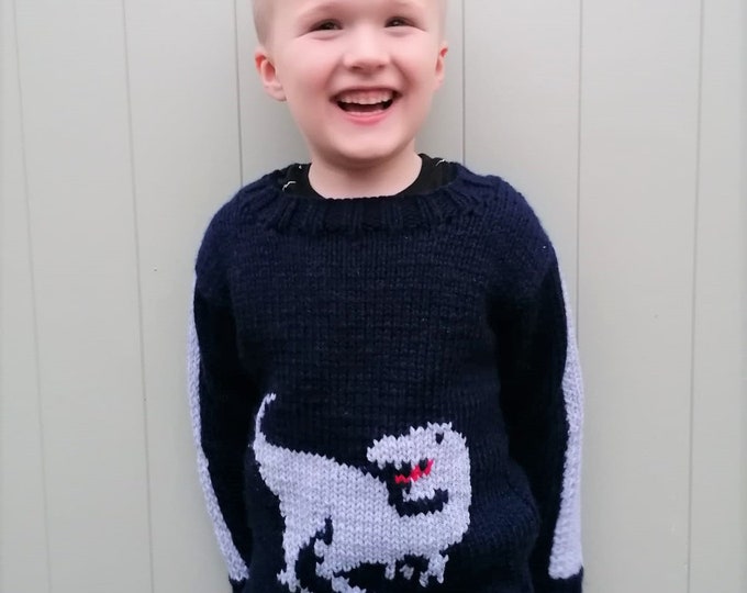 Knitting Pattern for T-Rex Dinosaur Chunky Child's Sweater 4-11 years, Boy's Dinosaur Tyrannosaurus Rex Jumper Knitting Pattern, Digital
