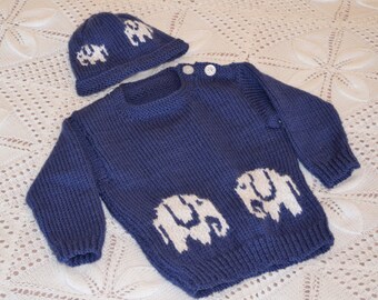 Knitting Pattern for Baby Elephant Sweater and Hat 0-2 years, Aran Sweater and Hat featuring Elephants, Jumper and Hat with Elephant motifs