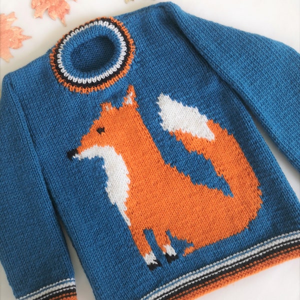 Knitting Pattern for Sweater with a Fox 2-7 years, Fox Jumper Knitting Pattern for Boy and Girl in DK, Fox Intarsia Chart Digital Download