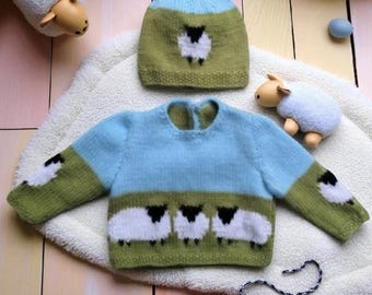 Baby Sheep Jumper & Hat DK Knitting Pattern: Unisex 0-18 Months (PDF)