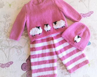 Sheep Knitting Pattern for Baby Sweater Trousers and Hat 0-18 months, Sheep outfit for Boys and Girls, Digital Download knitting pattern