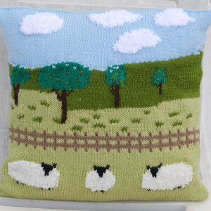 Knitting Pattern for Sheep in the Countryside Cushion, Pillow Knitting Pattern with Sheep, Sheep Fields Fence Trees Sky and Clouds Pattern image 5