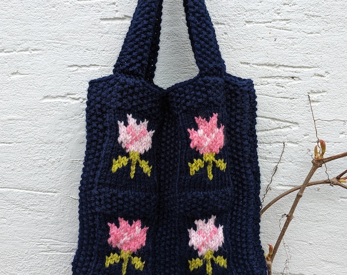 Bag Knitting Pattern, Knitting Bag Pattern,  Handmade Tote Bag, Rose Bud Handbag, Knitted Rose Bag, Gift Present Tote Bag, Pdf download