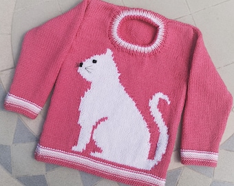 Knitting Pattern - Cat Child's Sweater 2-7 years, Cat motif for Girls Boys knitting patterns, Double Knitting yarn for round necked jumper