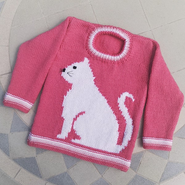 Knitting Pattern - Cat Child's Sweater 2-7 years, Cat motif for Girls Boys knitting patterns, Double Knitting yarn for round necked jumper