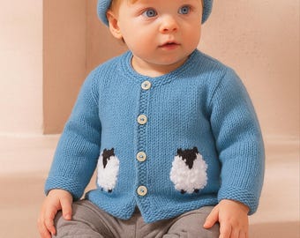 Knitting Pattern for Sheep Cardigan and Hat 0-18 months, Baby Sheep Jacket and Hat for Boy or Girl, Baby Knitted Outfit in DK Digital PDF