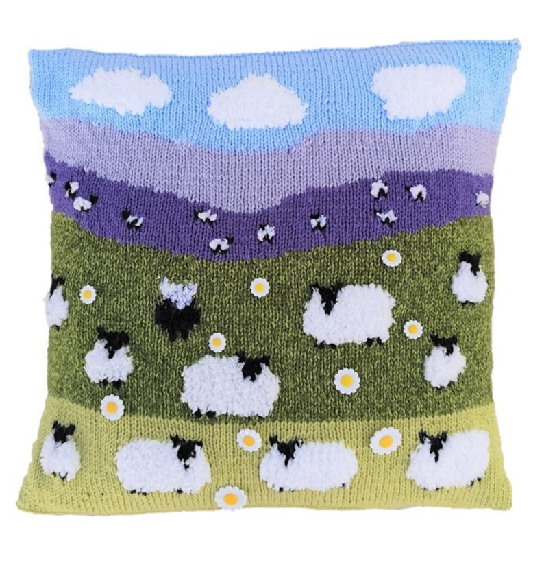 Knitting Pattern for Sheep Cushion, Pillow with Flock of Sheep & 1 Black Sheep on the Hillside, Sheep with daisies, pdf digital download image 2