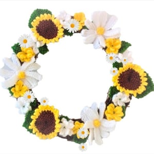 Knitting pattern for Summer Flowers Wreath,  Knitted Daisies and Sunflowers Ring, Everlasting Knitted Flowers, Flower Knitting Patterns