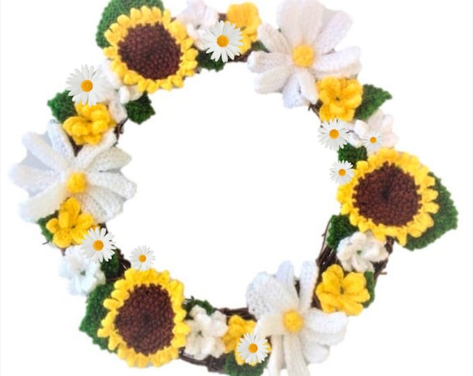 Knitting pattern for Summer Flowers Wreath,  Knitted Daisies and Sunflowers Ring, Everlasting Knitted Flowers, Flower Knitting Patterns