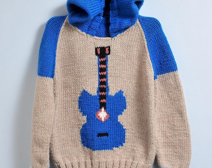 A fun Guitar Hoodie for Children 2-12 years, Pdf download knitting pattern, Rock Star Musical Jumper