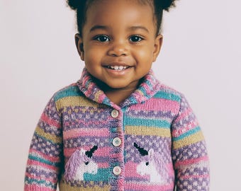 Knitting Pattern for Child's Unicorn Cardigan 1-7 years, Unicorn Jacket and Hat for Boy or Girl, Double Knitting, 8 ply, Digital Patterns