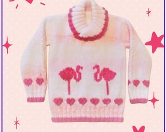 Knitted Flamingo and Heart Sweater Pattern: Children's Jumper for 1-5 Years (Digital Download)