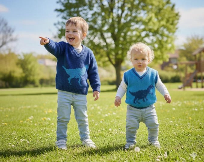 Dinosaur Sweater Knitting Pattern: V-Neck 0.5 to 7 years Top (PDF Download)