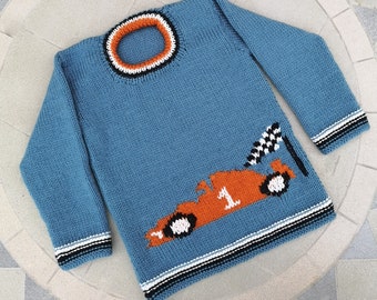 Knitting Pattern for Sweater with a Racing Car 2-7 years, Formula 1 Jumper Pattern for Boy and Girl in DK yarn, Digital Download PDF pattern