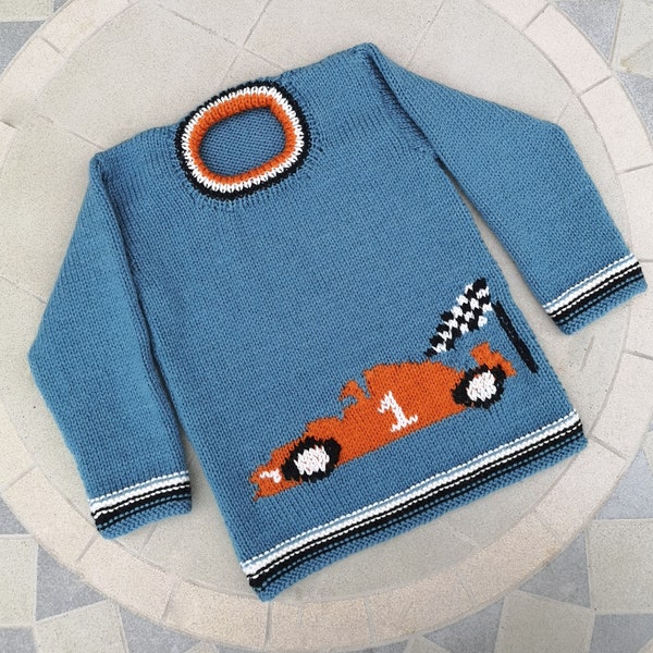 Knitting Pattern for Sweater with a Racing Car 2-7 years, Formula 1 Jumper Pattern for Boy and Girl in DK yarn, Digital Download PDF pattern