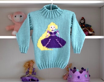 Aran Knitting pattern for girls 2-10 years, Princess Sweater and Crown, Rapunzel Fairytale Sweater, Rapunzel Jumper, Digital Download