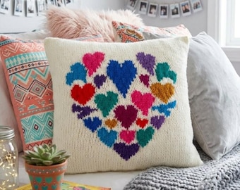 Heart Pillow Knitting Pattern: Intarsia Hearts Cushion (Digital Download)
