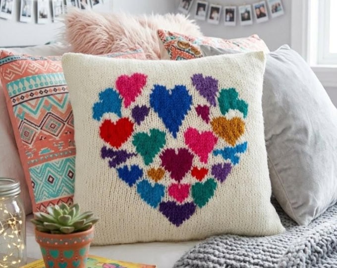 Heart Pillow Knitting Pattern: Intarsia Hearts Cushion (Digital Download)
