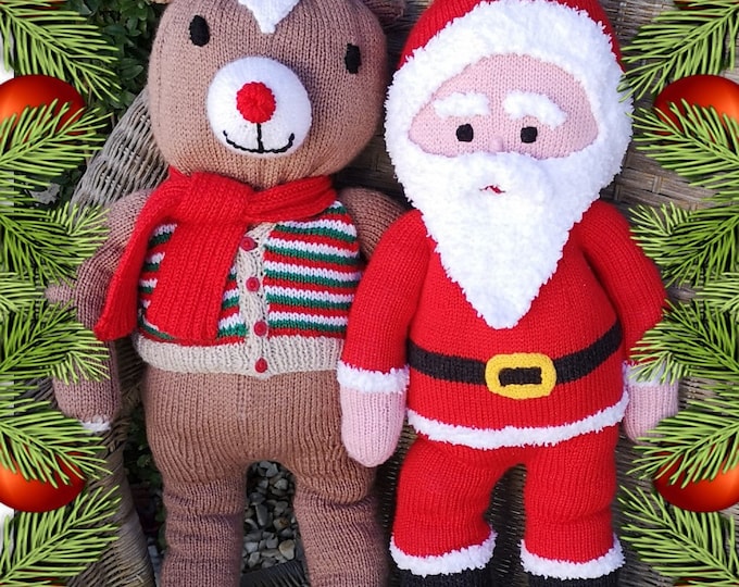 Knitting Pattern - Santa and Rudolph, Knitted Christmas toys, Handmade soft toys, Red-nosed reindeer, Knitting patterns for baby toys