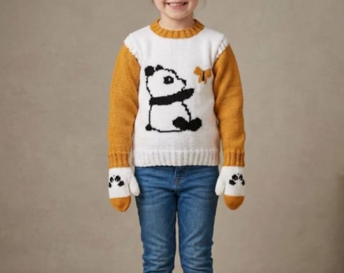 Aran/Worsted Knitting Pattern: Panda & Butterfly Sweater and Mittens (4-13 Years) (PDF Digital Download)