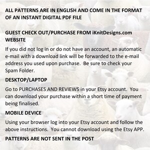 May include: An informational graphic with black text on a light background featuring a faint image of sheep. The text provides instructions for downloading digital PDF knitting patterns, including website links and device-specific steps.
