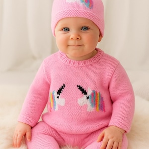 Knitting Pattern for Baby Unicorn Sweater and Hat 0-18 months, Unicorn Jumper and Hat for Boy or Girl, Double Knitting, 8 ply, Digital