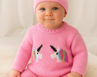 Knitting Pattern for Baby Unicorn Sweater and Hat 0-18 months, Unicorn Jumper and Hat for Boy or Girl, Double Knitting, 8 ply, Digital