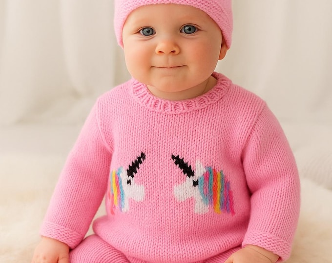 Knitting Pattern for Baby Unicorn Sweater and Hat 0-18 months, Unicorn Jumper and Hat for Boy or Girl, Double Knitting, 8 ply, Digital