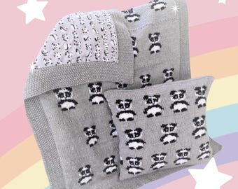 Panda Cushion and Blanket Knitting Pattern: Aran/Worsted Yarn (PDF Pattern)