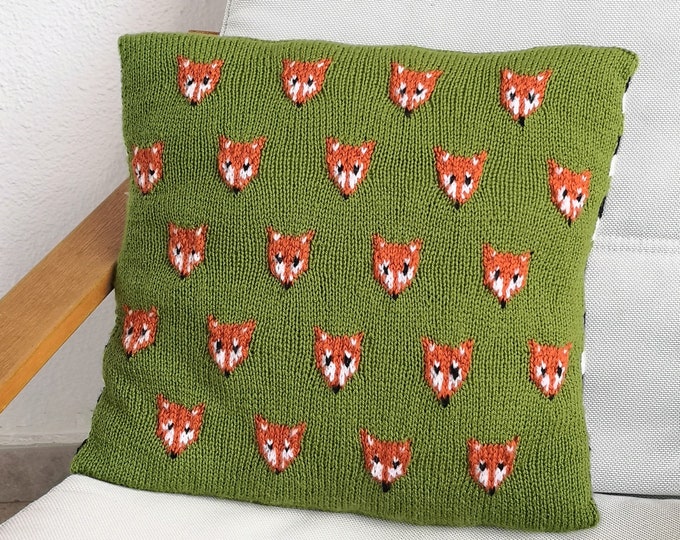 Knitting Pattern - Fox Cushion using double knitting wool, Pillow with Foxes' Faces and stripes, Home Decoration, Digital Knitting Patterns