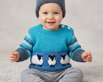 Knitting Pattern: Sheep Sweater & Hat Set, Aran/Worsted Yarn, 0-2 Years (Digital Download
