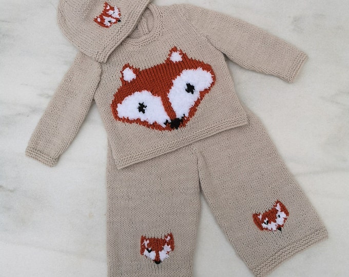 Fox Knitting Pattern for Baby Sweater Trousers and Hat 0-18 months, Fox Jumper and Hat for Boy and Girl, Fox outfit for babies and toddlers