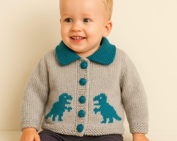 Knitting Pattern for ages 1 -11 years. T-Rex Dinosaur Chunky Child's Jacket, Boy's Dinosaur Tyrannosaurus Rex Dino Quick Knit Pattern