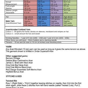 May include: A knitting pattern chart titled Measurements - Sweater and Hat, detailing sizes for ages 2-10 years, including chest, length, and sleeve measurements in cm and inches, yarn requirements, needle sizes, and stitch instructions.