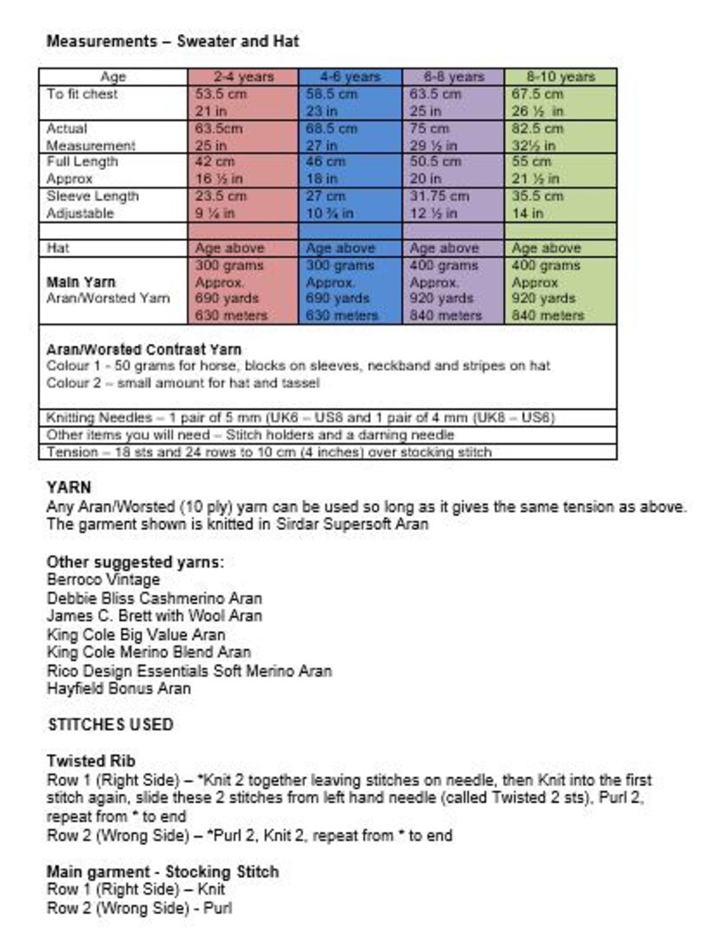 May include: A knitting pattern chart titled Measurements - Sweater and Hat, detailing sizes for ages 2-10 years, including chest, length, and sleeve measurements in cm and inches, yarn requirements, needle sizes, and stitch instructions.