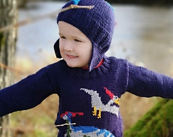 Dinosaur Sweater & Hat Knitting Pattern: Jurassic Jumper, Aran/Worsted Yarn, Ages 4-13 (PDF Download)