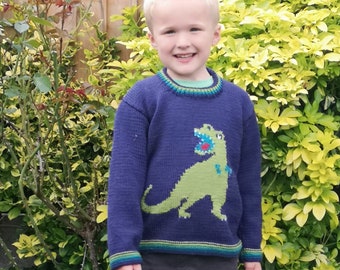Dinosaur Sweater Knitting Pattern: T-Rex Design, Child Sizes 2-7 yrs, DK yarn (PDF Pattern)