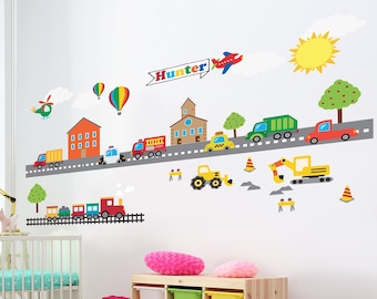 Cheerful Kids Room Wall Decals With Colorful Custom Transportation Building Construction - YP1412