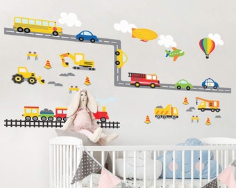 Construction Transportation Train Wall Decals Kids Stickers Vinyl Wall Art Boys Kids Bedroom Nursery (Planes, Trains, Automobiles!) YP1278