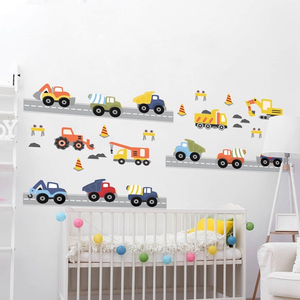 Construction Transportation Car Wall Decals Kids Stickers Peel and Stick Removable Vinyl Art Kids Bedroom Nursery Baby Room Classroom YP1282