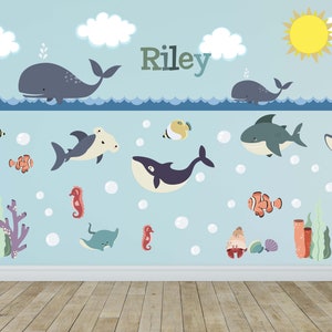 Ocean Animal Whale Fish Wall Decals Kids Wall Stickers Peel Stick Removable Vinyl Wall Art Kids Bedroom Nursery Baby Room Classroom YP1435