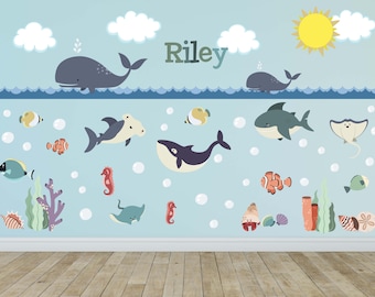 Ocean Animal Whale Fish Wall Decals Kids Wall Stickers Peel Stick Removable Vinyl Wall Art Kids Bedroom Nursery Baby Room Classroom YP1435