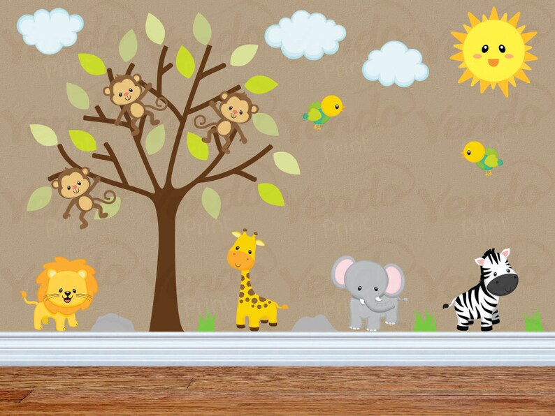 Wall Decal Jungle Kids Decals Set Giraffe Elephant Monkey Lion Zebra Birds Baby Boys Girls Room