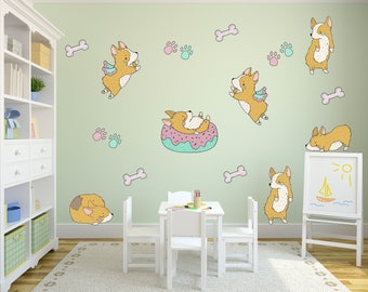 Puppy Dog Corgi Wall Decals Kids Stickers Peel Stick Removable Vinyl Wall Art Boys Girls Bedroom Nursery Baby Room Custom Gift Ideas YP1535